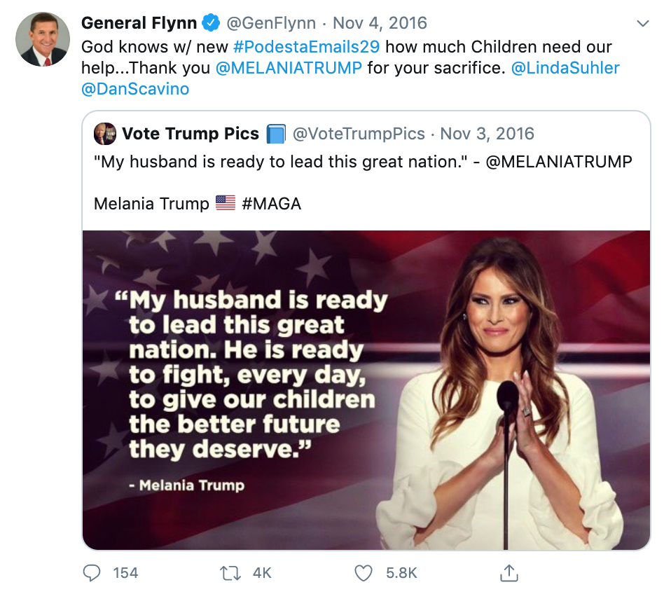 General Michael Flynn tweet about Podesta emails and children needing our help.